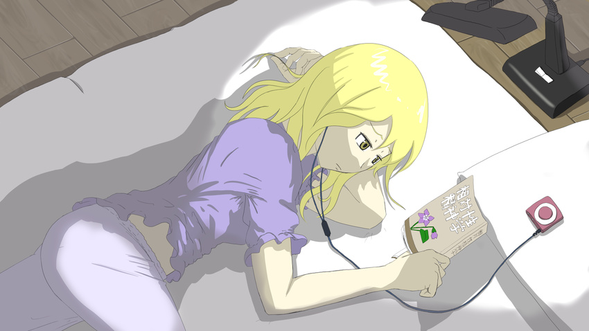 blonde_hair commentary_request digital_media_player earphones expressionless female floor futon highres lamp long_hair lying maribel_hearn night_clothes on_side pillow playing_with_own_hair purple_shirt reading shirt short_sleeves solo thighs touhou translation_request wa_we_tata_ki wooden_floor