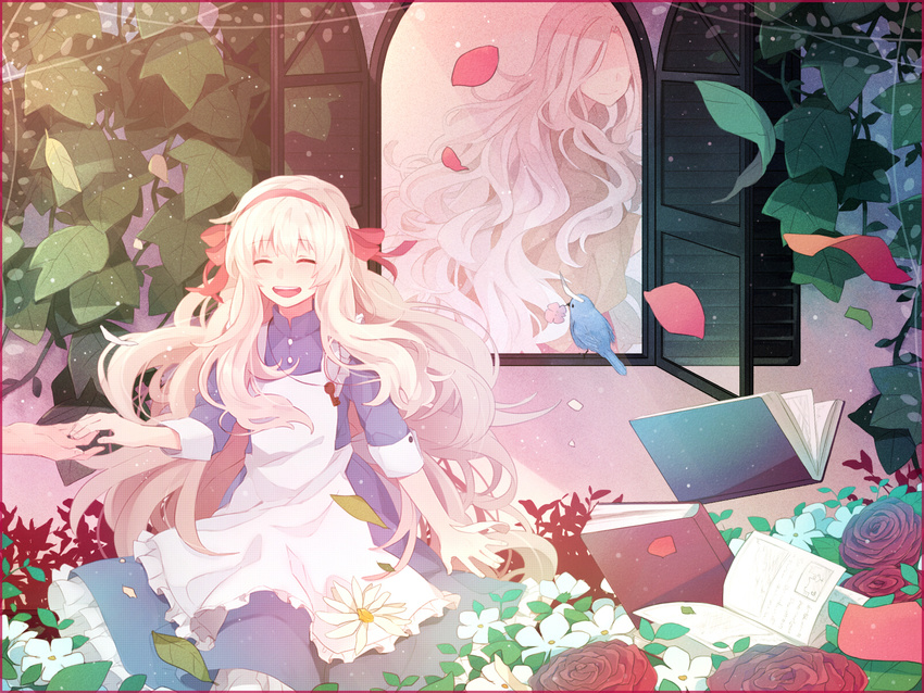 2girls ^_^ animal apron bird blonde_hair blue_dress blush book closed_eyes commentary_request dress faceless faceless_female flower foliage frilled_apron frilled_dress frills garden hair_ribbon hairband highres hoshiyui_tsukino jewelry kagerou_project key kozakura_marry kozakura_shion leaf long_hair multiple_girls necklace open_book open_mouth open_window outdoors petals pink_hairband pink_ribbon plant ribbon rose smile very_long_hair vines white_apron white_flower white_hair wind window