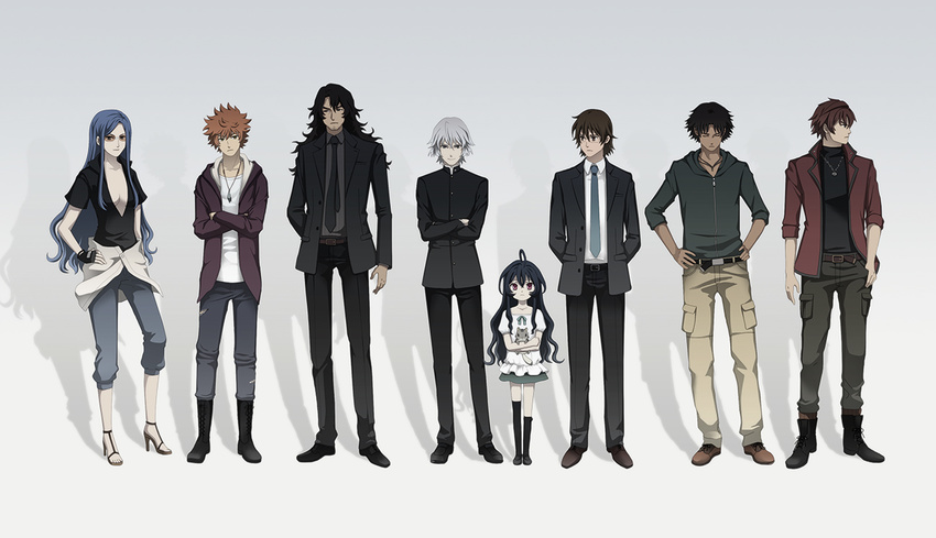 2girls 6+boys ahoge bb-2 black_hair blue_hair brown_hair commentary_request fujiura_you ghost_in_the_shell_lineup glasses grey_hair hinomiya_andy hyoubu_kyousuke jewelry kanou_momiji lineup long_hair magi_shirou minamoto_kouichi multiple_boys multiple_girls necklace necktie parody purple_eyes sakaki_shuuji short_hair the_unlimited:_hyoubu_kyousuke yuugiri_(zettai_karen_children) zettai_karen_children