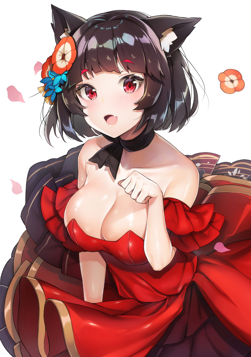 absurdres animal_ear_fluff animal_ears azur_lane bad_id bad_twitter_id black_hair black_ribbon blush breasts cat_ears cleavage collarbone commentary_request dress female highres large_breasts looking_at_viewer mismatched_eyebrows neck_ribbon oerba_yun_fang off-shoulder_dress off_shoulder official_alternate_costume open_mouth paw_pose red_dress red_eyes ribbon short_eyebrows short_hair smile solo yamashiro_(azur_lane) yamashiro_(dressy_black_cat)_(azur_lane) yayoichi_(yoruyoru108)