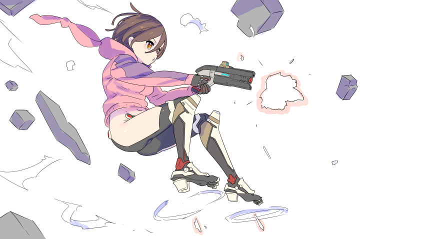 aliasing ass bodysuit brown_hair gloves gun hoodie nagisa_kurousagi orange_eyes roboco-san roboco_ch. short_hair skintight weapon white