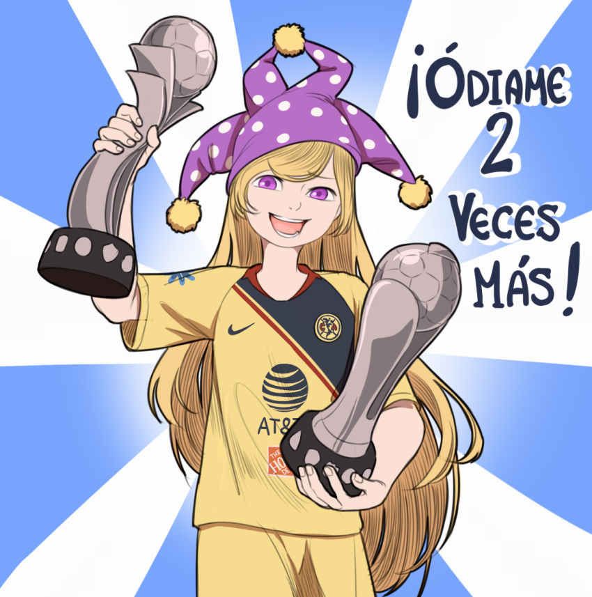 :d alternate_costume arm_up ball blonde_hair clownpiece club_america commentary cowboy_shot female globe hat jester_cap liga_mx logo long_hair looking_at_viewer mefomefo mexico nike_(company) no_wings open_mouth polka_dot pom_pom_(clothes) purple_eyes shirt short_sleeves shorts smile soccer soccer_ball soccer_uniform solo spanish_commentary spanish_text sportswear striped touhou translated trophy very_long_hair yellow_shirt yellow_shorts