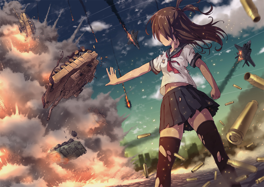 \||/ aircraft airplane aki_(akisora_hiyori) arm_at_side black_skirt black_thighhighs brown_hair building burning burnt_clothes city clenched_hand cloud commentary_request contrail damaged debris dust dust_cloud explosion f-35_lightning_ii falling female fire floating_hair from_below highres lav-25 legs_apart light_particles long_hair m1_abrams midriff_peek military military_vehicle miniskirt motion_blur motor_vehicle navel original outdoors outstretched_arm photoshop_(medium) pleated_skirt school_uniform serafuku shade shell_casing short_sleeves skirt sky skyscraper smoke smoke_trail solo standing stryker tank thighhighs torn_clothes torn_skirt torn_thighhighs two_side_up upshirt upskirt