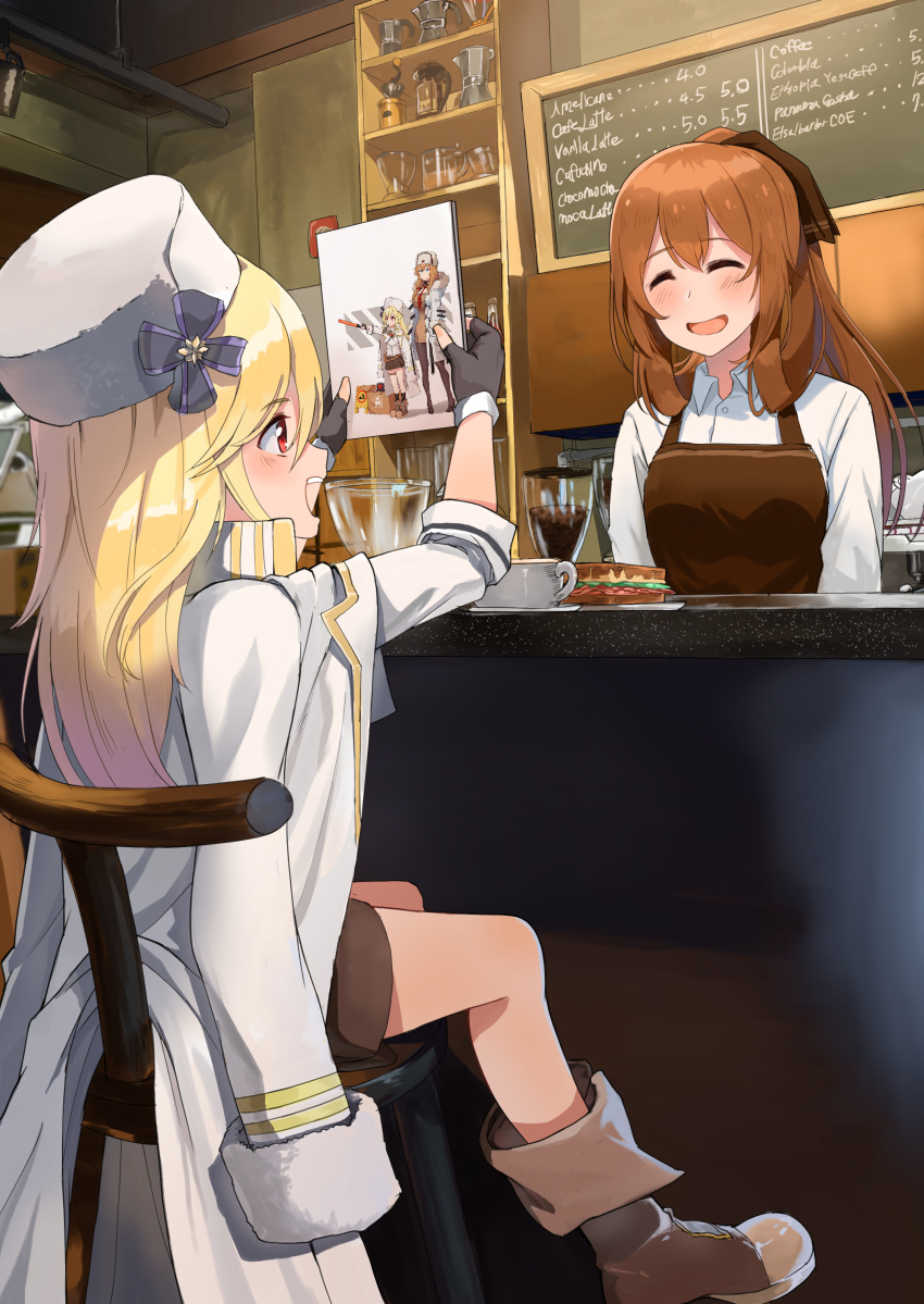 2girls :d absurdres apron arms_up ayul_(ayulneri_92) black_gloves blonde_hair blush book boots brown_apron brown_footwear brown_hair cafe chair closed_eyes collared_shirt commentary cup dinergate_(girls'_frontline) fingerless_gloves food girls'_frontline gloves hat highres holding holding_book indoors jacket jacket_on_shoulders long_hair mosin-nagant_(girls'_frontline) mosin-nagant_(mod3)_(girls'_frontline) mug multiple_girls nagant_revolver_(girls'_frontline) nemoga open_mouth profile red_eyes sandwich shelf shirt sitting smile springfield_(girls'_frontline) white_headwear white_shirt wing_collar