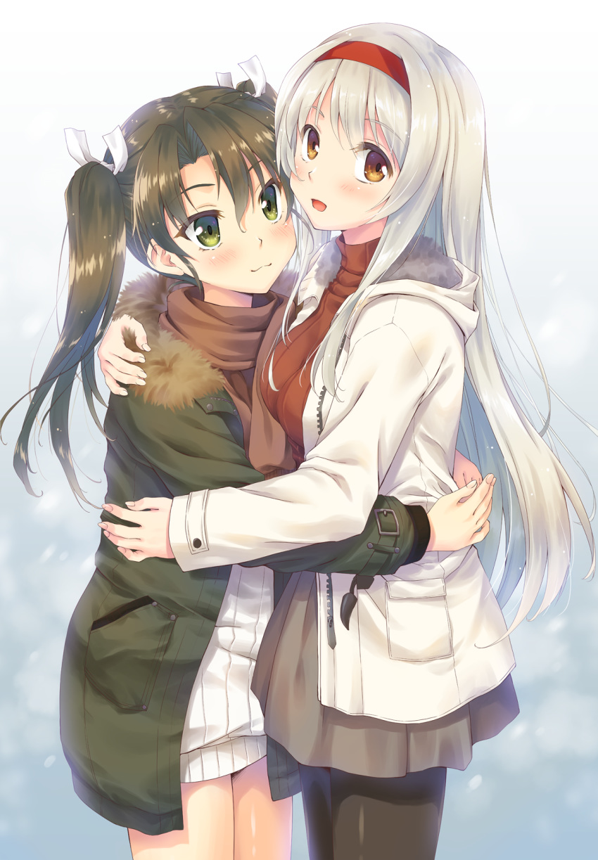 2girls alternate_costume black_pantyhose blush breasts closed_mouth commentary_request green_eyes green_hair hair_between_eyes hairband highres hug jacket kantai_collection long_hair looking_at_viewer medium_breasts minakami_nagara multiple_girls open_mouth pantyhose ribbon scarf shoukaku_(kancolle) skirt smile standing sweater twintails white_hair winter_clothes yellow_eyes zuikaku_(kancolle)