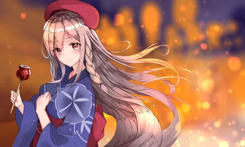 absurdres alternate_costume beret blue_kimono blurry blush bokeh braid candy_apple closed_mouth commentary_request depth_of_field female floral_print food g36c_(girls'_frontline) g36c_(ode_to_summer)_(girls'_frontline) girls'_frontline grey_hair hair_between_eyes hand_on_own_chest hat highres japanese_clothes kimono long_hair long_sleeves obi official_alternate_costume photoshop_(medium) print_kimono red_eyes red_hat rinu99 sash side_braid smile solo very_long_hair