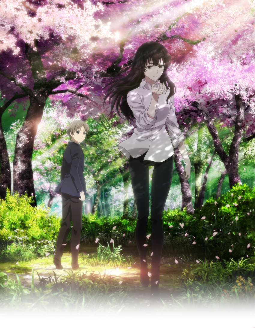 1boy black_hair brown_hair cherry_blossoms dress_shirt expressionless female forest highres kujou_sakurako light_rays long_hair mole mole_under_eye nature official_art outdoors pants petals sakurako-san_no_ashimoto_ni_wa_shitai_ga_umatteiru satou_michio shirt short_hair sunbeam sunlight tatewaki_shoutarou tree tree_shade