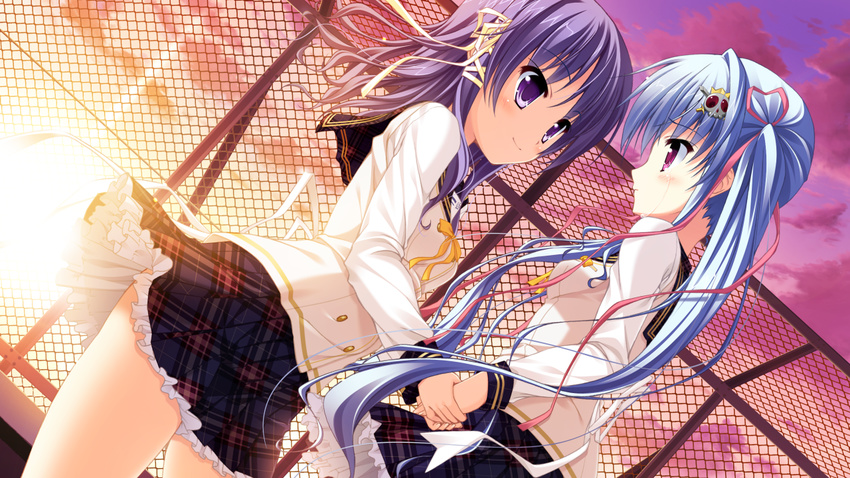 2girls blue_hair game_cg long_hair magical_marriage_lunatics!! moonstone purple_eyes purple_hair ribbons ruruna seifuku short_hair sunset tears twintails yamakaze_ran