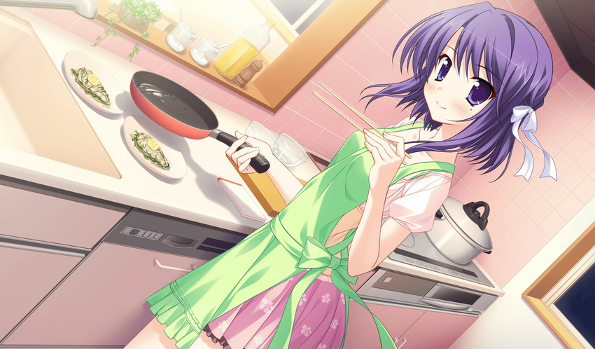 apron female food game_cg mekata_mitsuki moonstone princess_evangile purple_eyes purple_hair saeki_nao short_hair