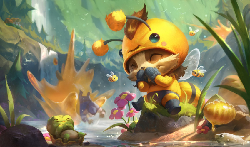 arthropod bee bee_costume beemo clothing costume detailed_background fish flower hi_res honey_dipper hymenopteran insects league_of_legends mammal marine official_art plant reptile riot_games scalie smile teemo_(lol) tencent tree turtle water yordle