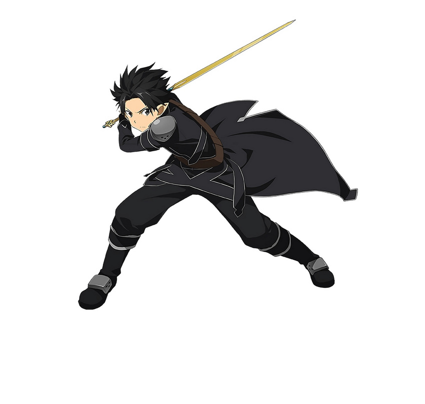 1boy armor black_eyes black_hair full_body highres holding holding_sword holding_weapon holy_sword_excalibur kirito kirito_(sao-alo) male_focus official_art pauldrons pointy_ears shoulder_armor simple_background solo sword sword_art_online sword_art_online:_code_register weapon white_background