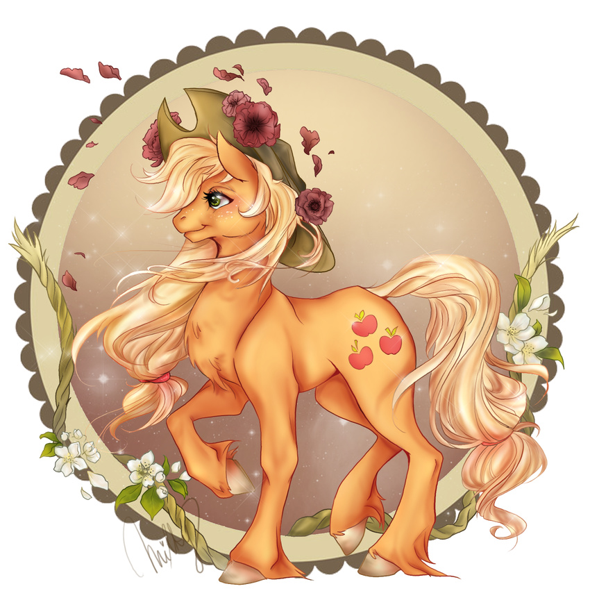 2013 applejack_(mlp) avoid_posting blonde_hair cigarscigarettes clothing cowboy_hat cutie_mark equid equine female feral fetlocks flower freckles friendship_is_magic fur green_eyes hair hasbro hat headgear headwear hi_res horse leaf lily_(disambiguation) mammal my_little_pony plant pony solo