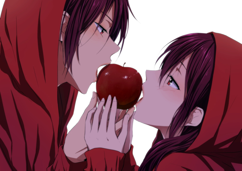 1boy apple brother_and_sister commentary_request eating female food free! fruit hood hoodie long_hair matsuoka_gou matsuoka_rin photoshop_(medium) red_eyes red_hair rito453 shared_food short_hair siblings