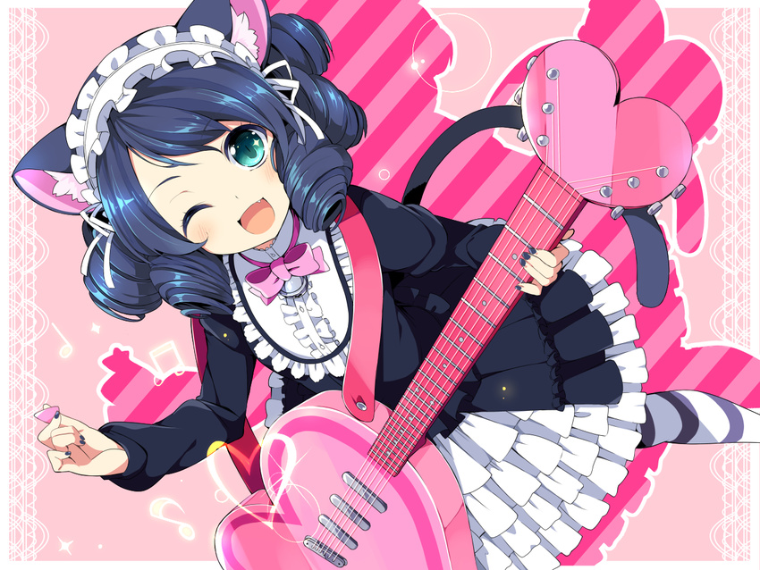 ;d animal_ears bell blue_hair bow bowtie cat_ears cat_girl cat_tail commentary_request curly_hair cyan_(show_by_rock!!) female green_eyes guitar headdress heart heart_guitar instrument looking_at_viewer oerba_yun_fang one_eye_closed open_mouth plectrum short_hair show_by_rock!! smile solo strawberry_heart_(show_by_rock!!) striped_clothes striped_thighhighs tail thighhighs wara_(warapro)