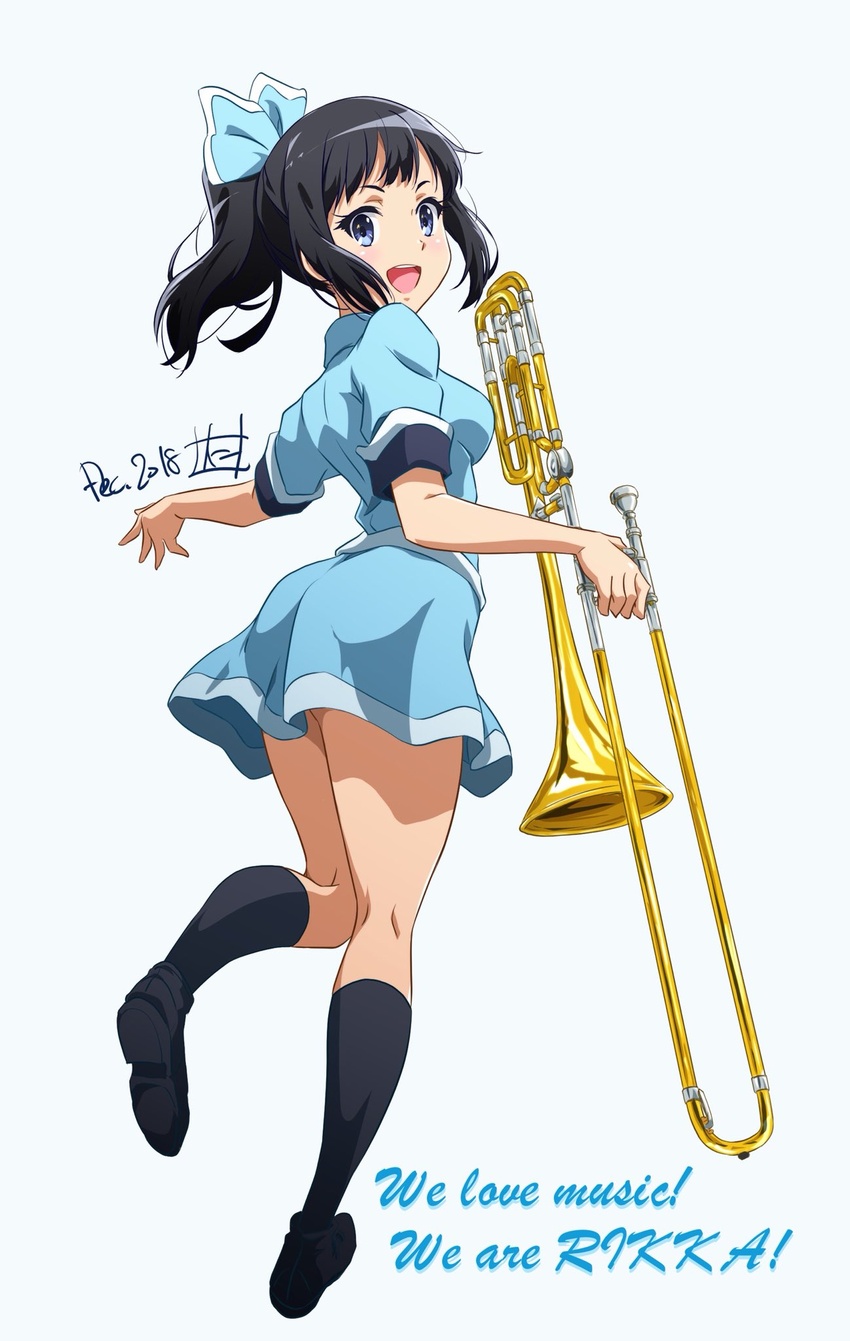 2018 :d black_footwear black_hair black_socks blue_bow blue_eyes blue_shirt blue_skirt bow breasts commentary_request english_text female from_behind full_body hairbow hibike!_euphonium highres holding holding_instrument instrument kneehighs leg_up long_hair looking_at_viewer looking_back medium_breasts miniskirt nii_manabu open_mouth ponytail rikka_koukou_marching_band_e_youkoso sasaki_azusa shirt short_sleeves simple_background skirt smile socks solo trombone white_background