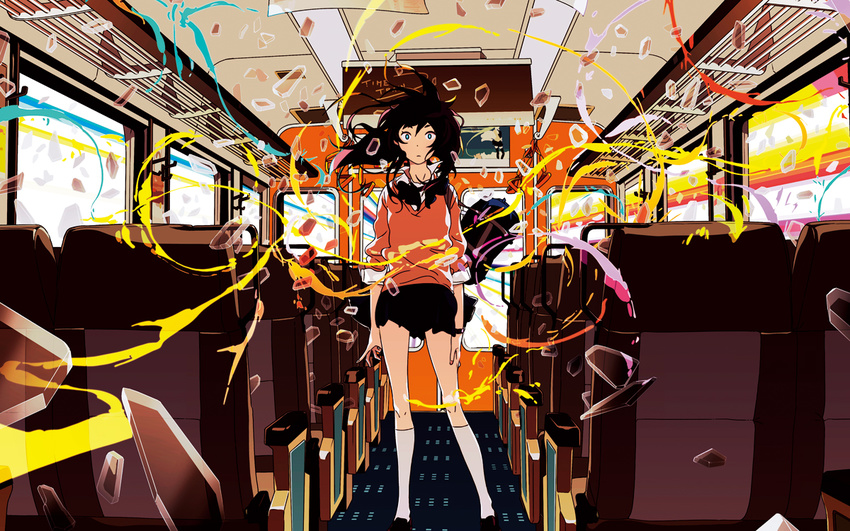 bag black_hair blue_eyes broken_glass bus bus_interior copyright_name debris english_text female glass looking_at_viewer motor_vehicle original shoulder_bag skirt solo standing supercell_(band) surprised uki_atsuya