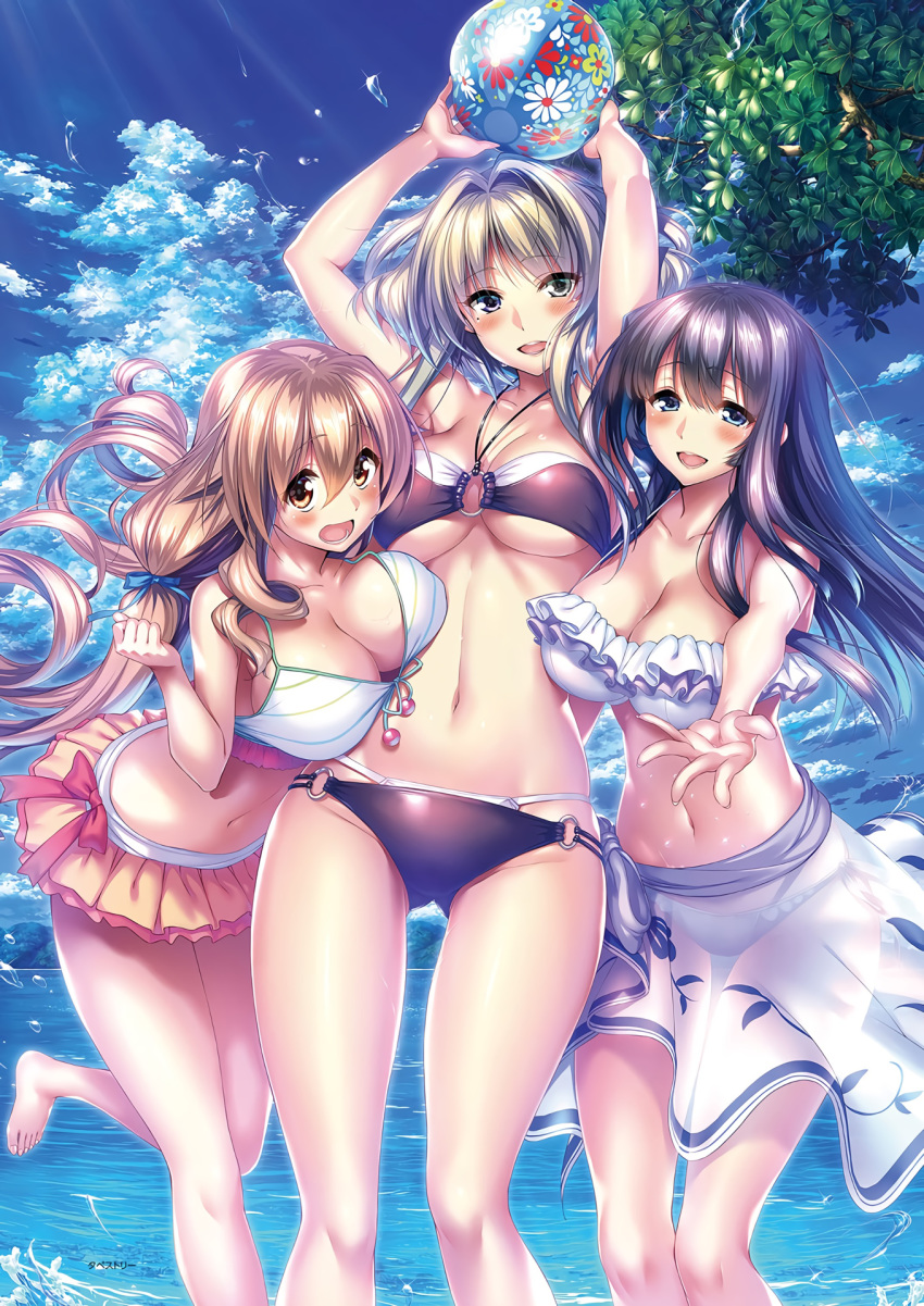 3girls amakano bikini black_hair blonde_hair blue_eyes blush breasts brown_eyes cleavage cloud day frilled_bikini frills girl_sandwich grey_eyes groin hair_ribbon heterochromia highres hoshikawa_koharu kanbayashi_mizuki large_breasts layered_bikini light_brown_hair long_hair looking_at_viewer mole mole_under_eye multiple_girls navel o-ring o-ring_bikini o-ring_bottom o-ring_top open_mouth outdoors piromizu ribbon sandwiched sarong see-through silver_hair sky smile swimsuit takayashiro_sayuki thighs underboob white_bikini