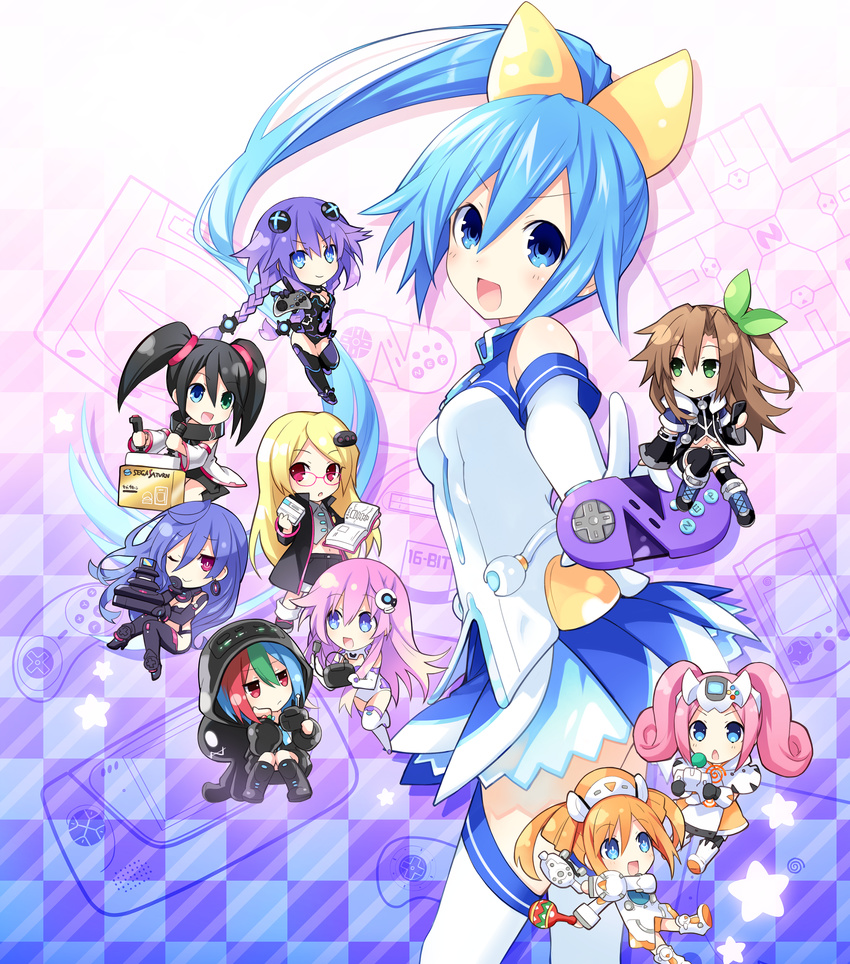 6+girls absurdres bare_shoulders black_hair blonde_hair blue_eyes blue_hair blush book boots braid breasts brown_hair chibi choujigen_taisen_neptune_vs_sega_hard_girls controller earrings game_console game_controller glasses gloves green_eyes green_hair hair_between_eyes hair_ornament heterochromia highres holding holding_book if_(neptunia) iris_heart jewelry leotard long_hair medium_breasts multicolored_hair multiple_girls nepgear neptune_(series) official_art one_side_up open_mouth orange_hair orange_heart_(neptunia) pink_hair ponytail power_symbol power_symbol-shaped_pupils purple_eyes purple_hair purple_heart_(neptunia) purple_sister red_eyes sega_dreamcast_(sega_hard_girls) sega_game_gear_(sega_hard_girls) sega_hard_girls sega_hatsumi sega_mega_drive_(sega_hard_girls) sega_saturn_(sega_hard_girls) sitting skirt small_breasts smile standing symbol-shaped_pupils thigh_boots thighhighs thighs tied_hair tsunako twin_braids twintails very_long_hair zettai_ryouiki