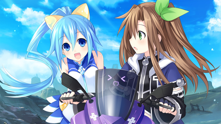 >_< 2girls blue_eyes blue_hair blush bow brown_hair choujigen_taisen_neptune_vs_sega_hard_girls closed_eyes d-pad day detached_sleeves fingerless_gloves game_cg gloves green_eyes hair_ornament hairbow highres if_(neptunia) long_hair motor_vehicle motorcycle multiple_girls neptune_(motorcycle) neptune_(neptunia) neptune_(series) official_art one_side_up open_mouth ponytail ribbon sega_hard_girls sega_hatsumi smile tsunako very_long_hair