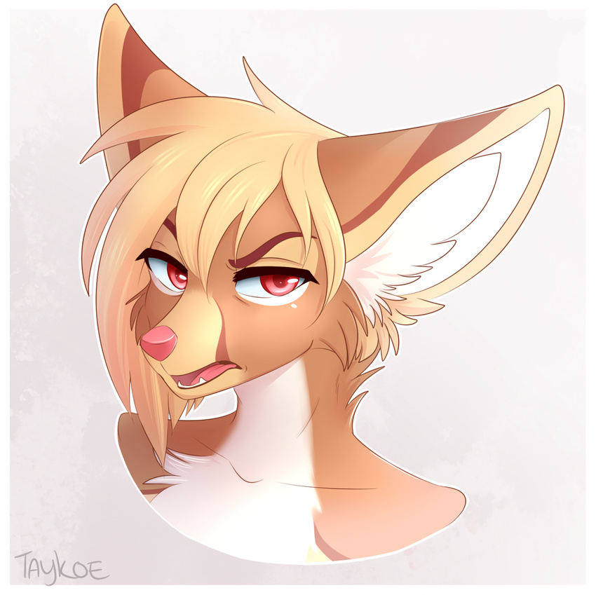 2017 anthro bust_portrait canid canine collarbone digital_media_(artwork) fennec_fox fox fur hair inner_ear_fluff looking_at_viewer male mammal pink_nose portrait red_eyes short_hair simple_background solo tan_body tan_fur taykoe true_fox tuft white_body white_fur