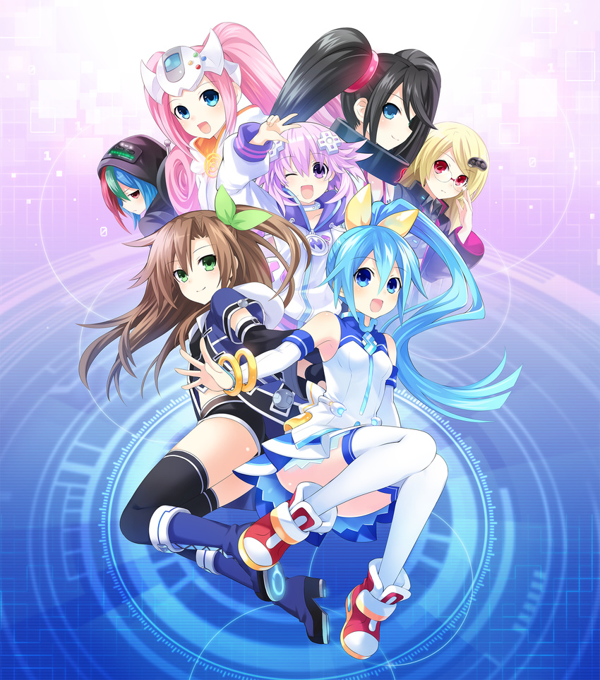 6+girls absurdres adjusting_eyewear bare_shoulders black_hair blonde_hair blue_eyes blue_hair blush book boots brown_hair choujigen_taisen_neptune_vs_sega_hard_girls detached_sleeves glasses green_eyes green_hair hair_between_eyes hair_ornament heterochromia highres if_(neptunia) long_hair looking_at_viewer multicolored_hair multiple_girls neptune_(neptunia) neptune_(series) official_art one_eye_closed one_side_up open_mouth pink_hair ponytail purple_eyes purple_hair red_eyes sega_dreamcast_(sega_hard_girls) sega_game_gear_(sega_hard_girls) sega_hard_girls sega_hatsumi sega_mega_drive_(sega_hard_girls) sega_saturn_(sega_hard_girls) skirt smile thighhighs thighs tied_hair tsunako twintails very_long_hair zettai_ryouiki