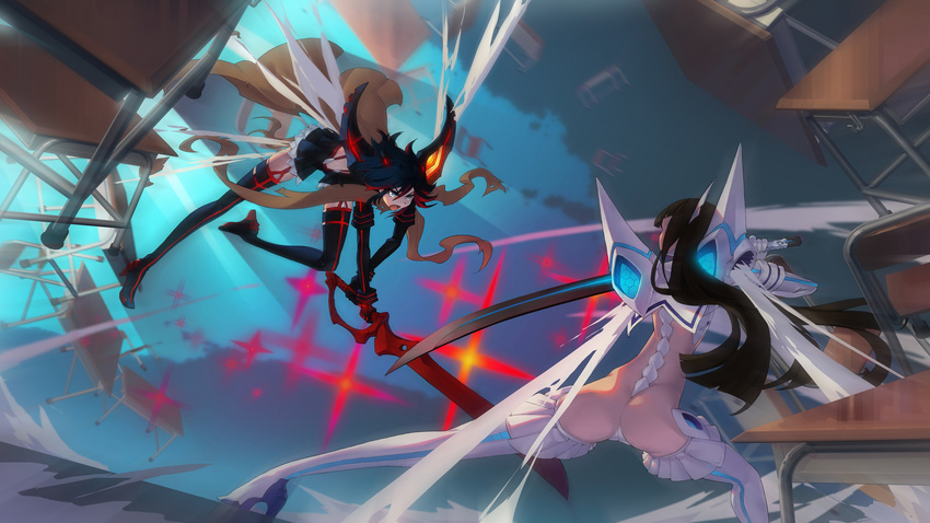 2girls absurdres aner_(qqan00) ass black_hair black_thighhighs commentary_request highres junketsu katana kill_la_kill kiryuuin_satsuki long_hair matoi_ryuuko multicolored_hair multiple_girls photoshop_(medium) red_hair revealing_clothes scissor_blade_(kill_la_kill) senketsu short_hair sword thighhighs weapon white_legwear