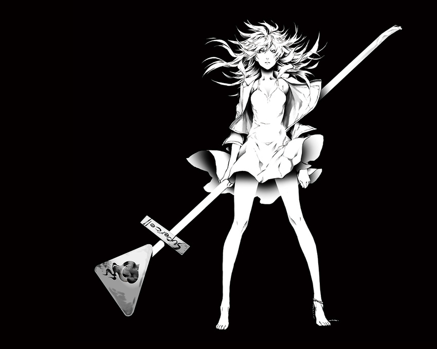 album_cover barefoot black_background breasts circle_name cleavage clothes_lift cover dress expressionless female floating_hair full_body greyscale heart holding jacket long_hair looking_at_viewer medium_breasts miwa_shirow monochrome official_art original road_sign sign simple_background skirt skirt_lift solo standing supercell_(band)