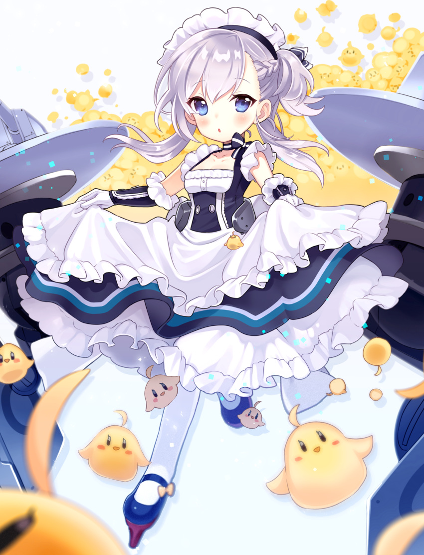 aged_down animal apron azur_lane bird black_dress black_footwear blue_eyes blush braid commentary dress female frilled_apron frills gloves grey_hair hair_between_eyes highres little_bel_(azur_lane) long_hair looking_at_viewer maid maid_headdress manjuu_(azur_lane) mary_janes one_side_up orqz pantyhose parted_lips petticoat shoes skirt_hold sleeveless sleeveless_dress solo waist_apron white_apron white_gloves white_pantyhose