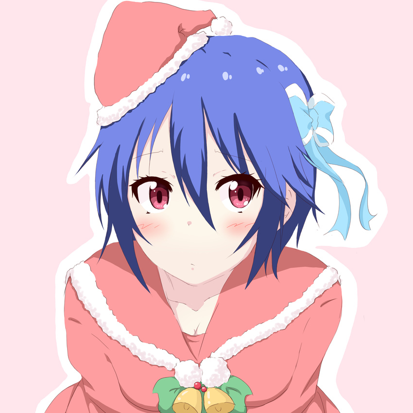 absurdres bell blue_hair blush bow commentary_request female hair_ribbon hairbow hat highres leaning_forward looking_at_viewer nisekoi red_eyes ribbon santa_costume santa_hat solo tsugumi_seishirou yasai_yuuki