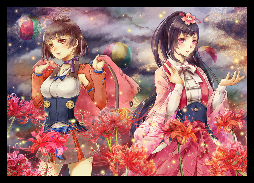 2girls ayame_(kabaneri) choker corset flowers japanese_clothes koutetsujou_no_kabaneri long_hair mumei_(kabaneri) short_hair youhe