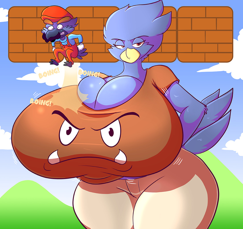 2015 anthro avian beak big_breasts bird breasts bulging_breasts busty_bird cleavage clothed clothing corvid corvus_(genus) cosplay crow duo female goomba huge_breasts humor hyper hyper_breasts jaeh jumping male mario mario_bros nintendo non-mammal_breasts oscine passerine unimpressed