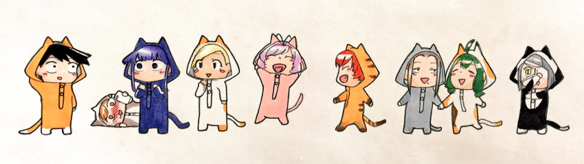 1boy 1other 6+girls androgynous animal_costume animal_ears ayatak0517 bad_id bad_twitter_id black_eyes black_hair blonde_hair blush brown_hair cat_costume cat_ears cat_tail cellphone drooling eyepatch green_hair highres komi-san_wa_komyushou_desu komi_shouko long_hair manbagi_rumiko mole mole_under_mouth multiple_girls nakanaka_omoharu onemine_nene onigashima_akako osana_najimi_(komi-san_wa_komyushou_desu) otori_kaede phone pink_hair red_hair short_hair smartphone smile tadano_hitohito tail taking_picture white_background yamai_ren yellow_eyes