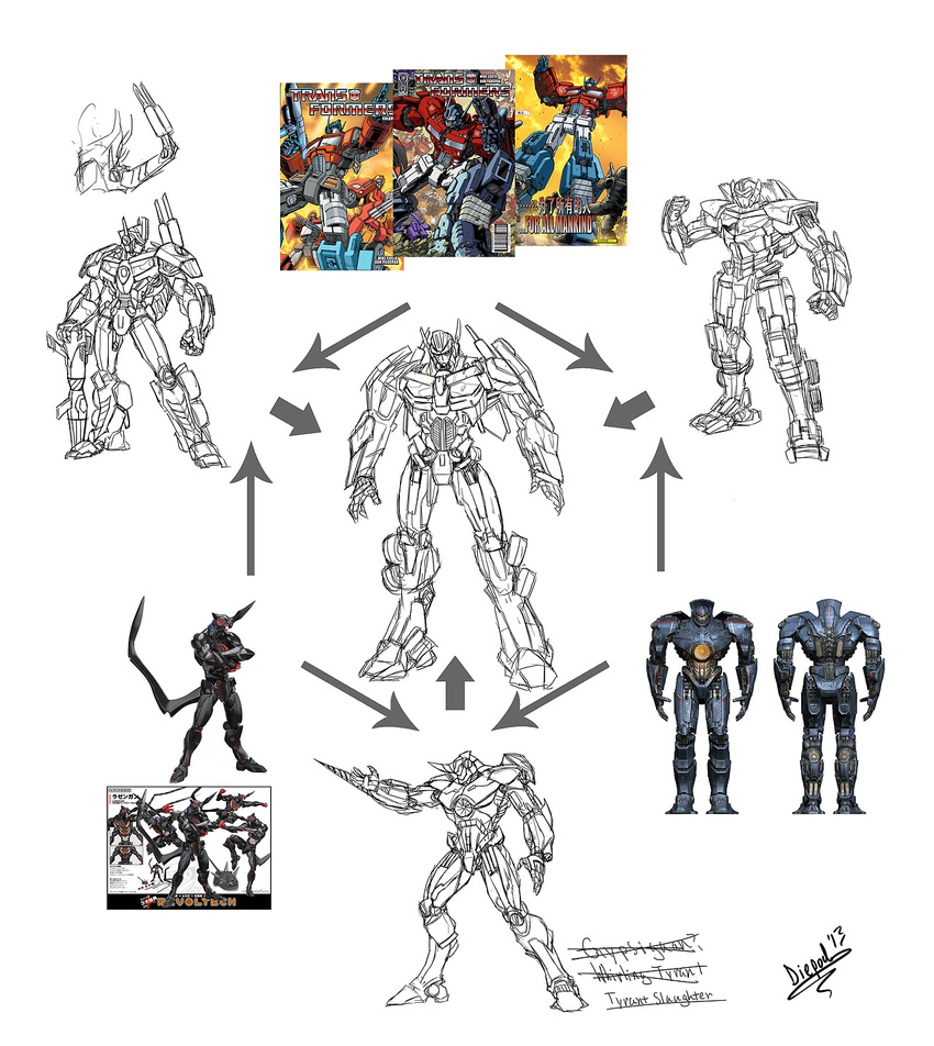 arm_blade arrow_(symbol) autobot clenched_hands commentary crossover diepod english_commentary fusion gipsy_danger hexafusion highres jaeger_(pacific_rim) lazengann line_art mecha monochrome multiple_crossover no_humans official_art_inset open_hands optimus_prime pacific_rim robot science_fiction tengen_toppa_gurren_lagann the_transformers_(idw) transformers weapon