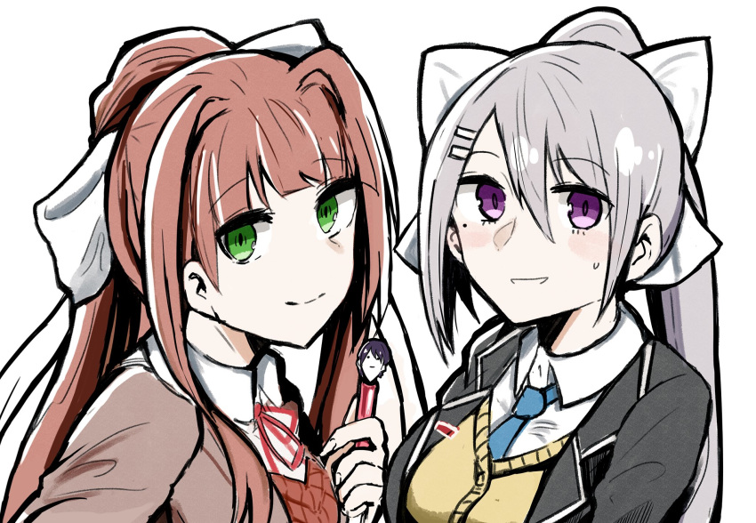 1boy 2girls brown_hair crossover doki_doki_literature_club eyes_visible_through_hair green_eyes grey_hair hair_between_eyes hair_ornament hair_ribbon hairclip hairstyle_connection highres higuchi_kaede higuchi_kaede_(1st_costume) kenmochi_touya logo long_hair look-alike looking_at_viewer mole mole_under_eye monika_(doki_doki_literature_club) multiple_girls necktie nijisanji pen ponytail purple_eyes ribbon sakeno_rarukan school_uniform smile upper_body virtual_youtuber white_ribbon