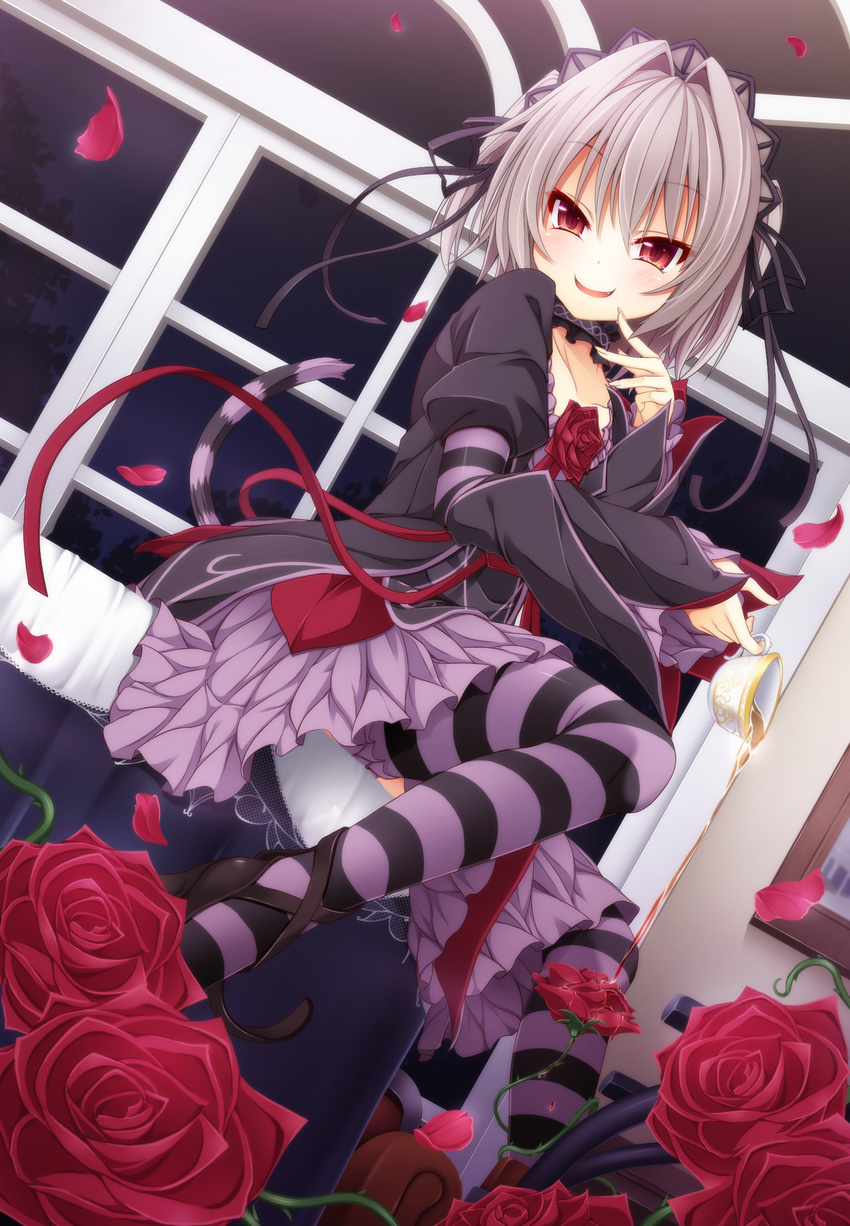 black_dress blush cat_tail commentary_request dress evil_smile feet_out_of_frame female flower frilled_dress frills gothic_lolita hair_ornament hair_ribbon hapymaher highres juliet_sleeves lolita_fashion long_sleeves looking_at_viewer mirai_nostalgia naitou_maia oerba_yun_fang open_mouth petals photoshop_(medium) puffy_sleeves red_eyes red_flower red_rose ribbon rose short_dress sitting smile solo striped_clothes striped_thighhighs tail thighhighs two_side_up wakagi_repa