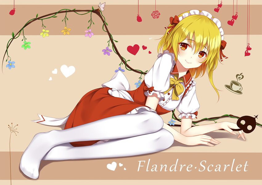 alternate_costume apron blonde_hair bow bowtie character_name closed_mouth commentary_request enmaided female flan_(seeyouflan) flandre_scarlet flower full_body heart high-waist_skirt highres ke-ta_(style) laevatein_(touhou) legs looking_at_viewer lying maid maid_headdress on_side pantyhose photoshop_(medium) puffy_sleeves red_bow red_eyes red_skirt skirt smile solo suspender_skirt suspenders touhou waist_apron white_pantyhose wings yellow_bow yellow_bowtie