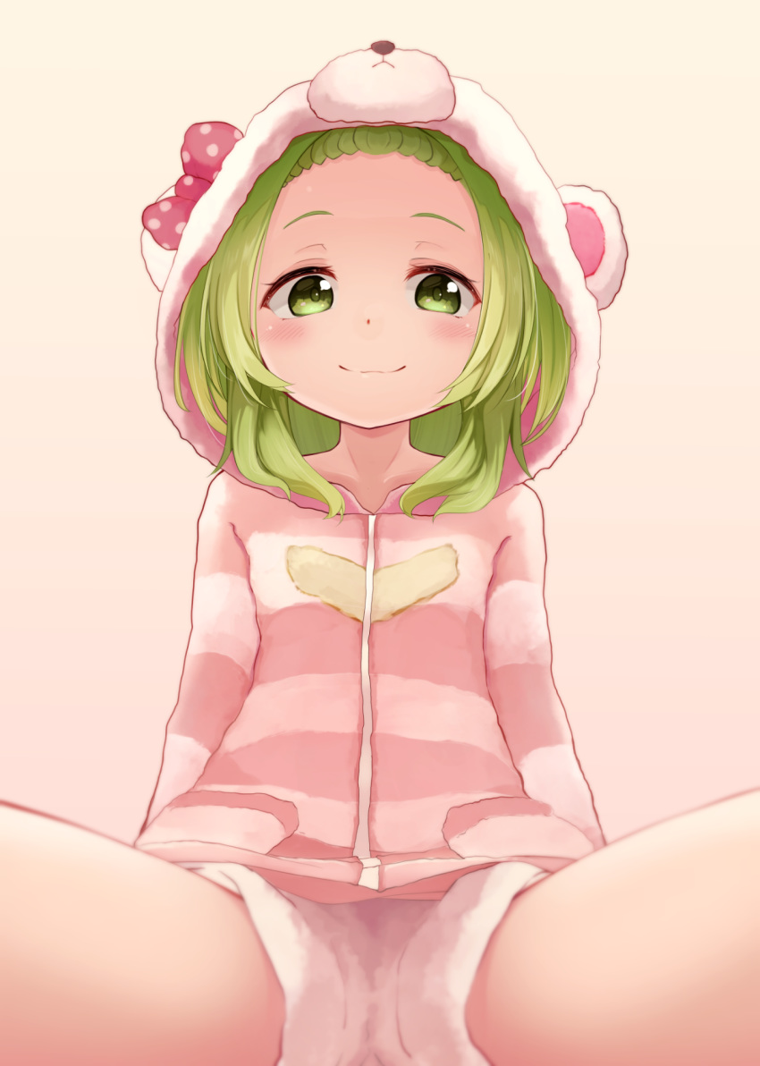 animal_ears animal_hood bear_ears bear_hood blush bow brown_background closed_mouth collarbone commentary date_(mamanonamaebot) female green_eyes green_hair highres hood hood_up hoodie long_hair long_sleeves morinaka_kazaki morinaka_kazaki_(1st_costume) nijisanji parted_bangs pink_bow polka_dot polka_dot_bow shirt short_shorts shorts sitting smile solo spread_legs striped_clothes striped_hoodie virtual_youtuber white_shirt