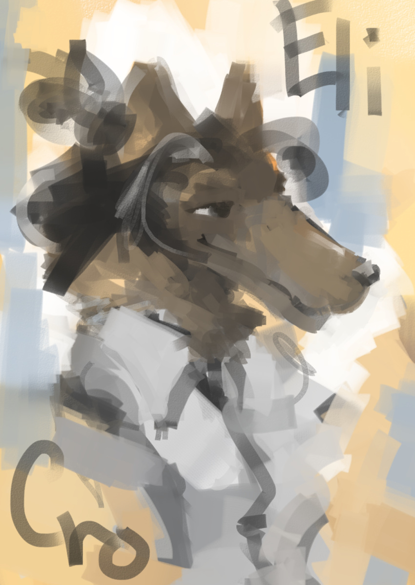 abstract_background anthro borzoi brown_body brown_fur canid canine canis clothing domestic_dog fur half_body hi_res hunting_dog key_rooki male mammal painterly portrait shirt sighthound smile solo text topwear white_clothing white_shirt white_topwear