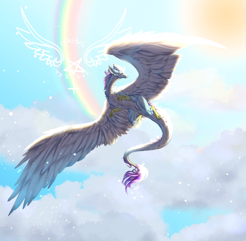 absurd_res ambiguous_gender colorful_theme cross dragon dutch_angel_dragon feathered_wings feathers feral hi_res hybrid inverted_cross inverted_pentagram mythological_creature mythological_scalie mythology occult_symbol pastel_theme pentagram rainbow scalie sky solo symbol tail tekitourabbit_(artist) wings