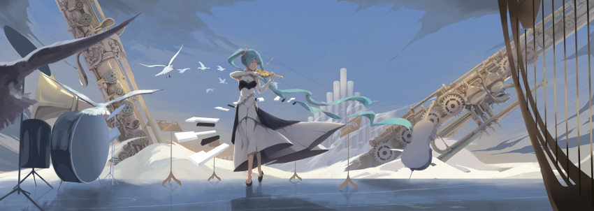 absurdly_long_hair absurdres adapted_costume alternate_costume aqua_eyes aqua_hair bad_id bad_pixiv_id bassoon breasts chinese_commentary cloud commentary covered_navel double_bass dress drum drum_set elbow_gloves female gloves hatsune_miku high_heels highres instrument layered_dress long_dress long_hair medium_breasts music organ_(instrument) outdoors piano_keys playing_instrument rotarran scenery sleeveless sleeveless_dress solo stage standing surreal twintails very_long_hair violin vocaloid white_gloves wide_shot