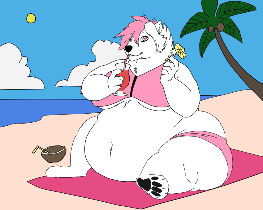 5:4 anthro bear belly big_belly biglovealicia biped clothed clothing danny_(lepidusdelsol)_(character) fur hair hi_res male mammal overweight overweight_anthro overweight_male pink_hair polar_bear semi-anthro solo thick_thighs ursine white_body white_fur wide_hips