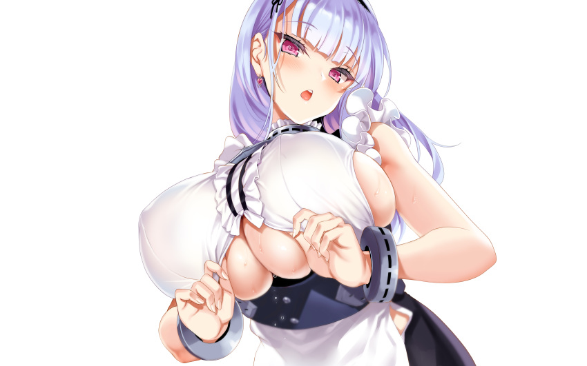 anthro azur_lane blue_hair blush breasts close dido_(azur_lane) erect_nipples kure_masahiro maid photoshop purple_eyes wet white