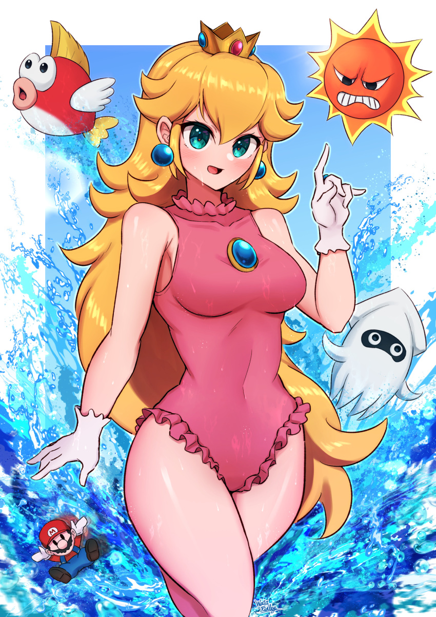 angry_sun blonde_hair blooper_(mario) blue_eyes blush breasts brooch cheep_cheep commentary_request covered_navel crown dripping earrings female frilled_one-piece_swimsuit frills gloves highres jewelry large_breasts long_hair mario mario_(series) narrow_waist one-piece_swimsuit open_mouth pale_skin pink_one-piece_swimsuit princess_peach sphere_earrings swimsuit thighs wakaba_(wata_ridley) water wet white_gloves wide_hips