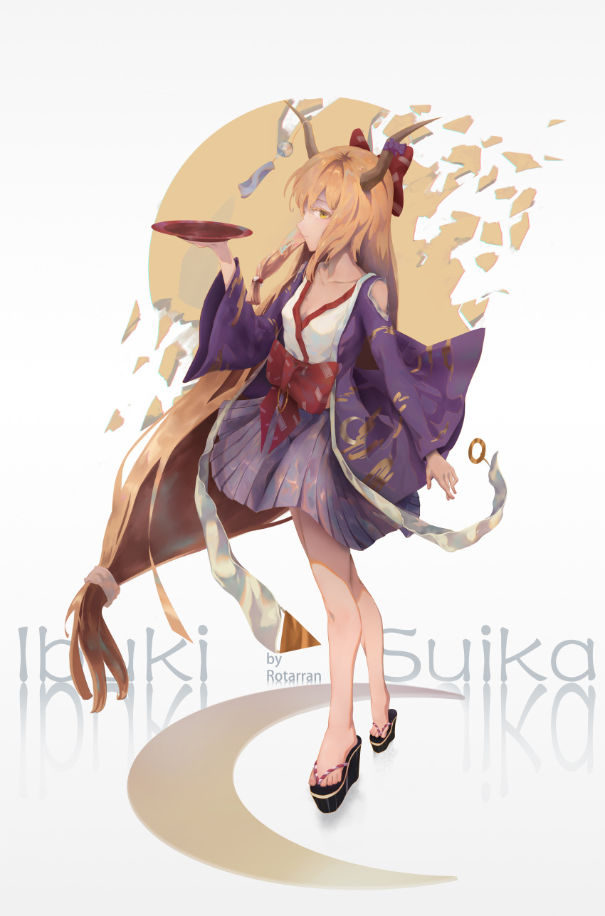 absurdres alternate_costume artist_name bad_id bad_pixiv_id blonde_hair bow breasts character_name cleavage collarbone crescent cup female hairbow highres horn_bow horn_ornament horns ibuki_suika jacket long_hair looking_at_viewer low-tied_long_hair low_tied_hair pleated_skirt purple_jacket purple_skirt red_bow rotarran sakazuki sandals shattered skirt small_breasts solo touhou very_long_hair waist_bow white_background wide_sleeves wind_chime yellow_eyes zouri