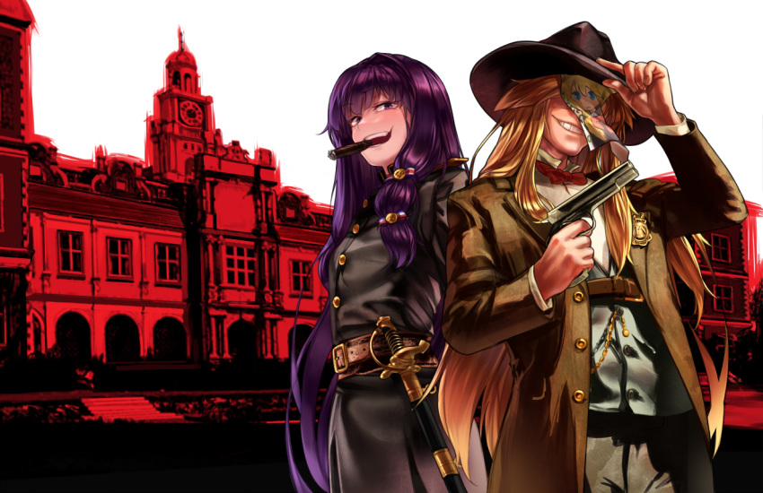 1boy adjusting_clothes adjusting_headwear belt black_coat blonde_hair bow bowtie brown_belt brown_coat brown_headwear building buttons cigar clock coat commentary_request cookie_(touhou) cowboy_hat cowboy_shot cowboy_western crossover female genderswap_(ftm) green_vest gun handgun hat hazuna_rio holding holding_gun holding_weapon jacket kirisame_marisa long_hair looking_at_viewer megafaiarou_(talonflame_810) open_clothes open_jacket open_mouth patchouli_knowledge popped_collar purple_eyes purple_hair rapier red_bow red_bowtie red_dead_redemption red_theme rule_63 scabbard sheath sheriff_badge shirt sidelocks sky smile standing sword taisa_(cookie) teeth touhou vest weapon white_shirt white_sky window