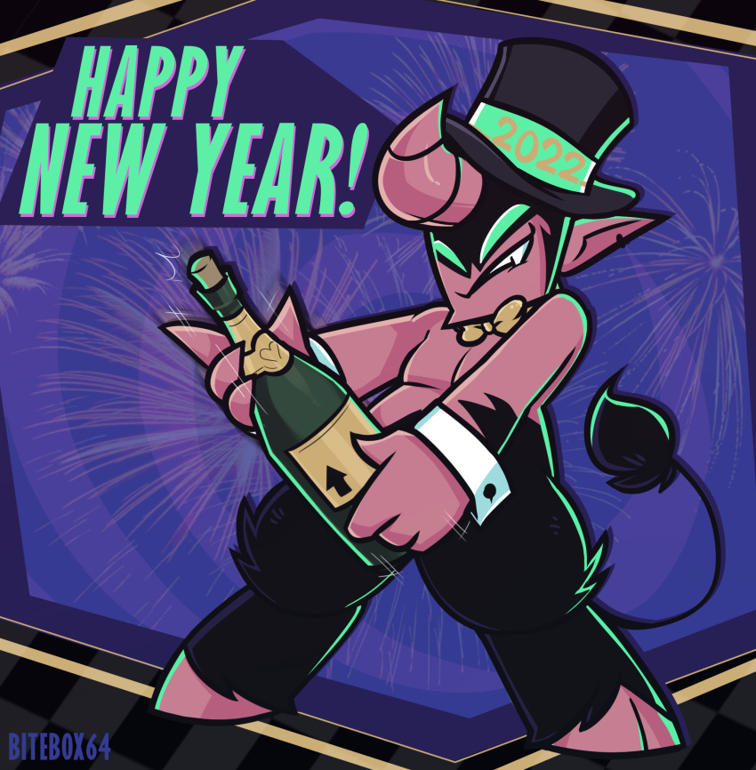 2022 alcohol beverage bitebox64 bito_(bitebox64) bovid bovine bow_tie boximp_(species) champagne clothing european_mythology fireworks greek_mythology green_eyes hat headgear headwear hi_res holidays horn male mammal minotaur mythology new_year new_year_2022 solo