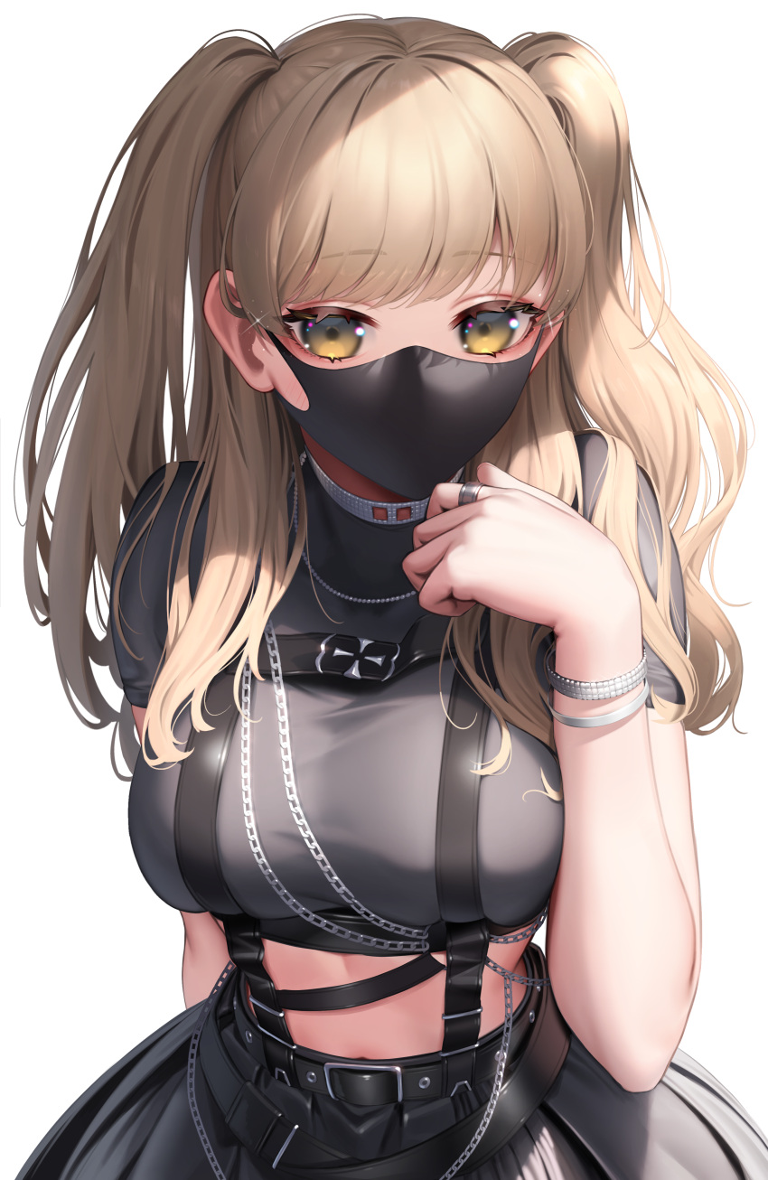 absurdres arm_behind_back belt black_belt black_mask black_shirt black_skirt blonde_hair bracelet breasts chains chest_harness crop_top cropped_shirt female hand_up harness highres jewelry large_breasts long_hair looking_at_viewer mask mouth_mask nijisanji official_alternate_costume official_alternate_hairstyle ring shirt short_sleeves simple_background sister_claire sister_claire_(9th_costume) skirt solo suraimu_(suraimuraimu) suspenders t-shirt two_side_up upper_body virtual_youtuber white_background yellow_eyes