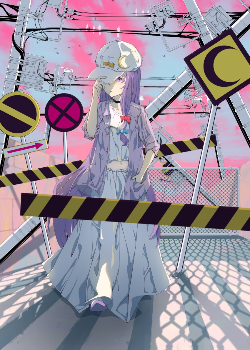 bad_id bad_pixiv_id baseball_cap bow breasts casual chain-link_fence closed_mouth crescent crescent_hat_ornament crosswalk female fence hairbow hat hat_ornament hat_over_one_eye high_heels highres jacket long_hair long_skirt low_tied_hair midriff navel patchouli_knowledge power_lines purple_eyes purple_hair purple_jacket road_sign rotarran shirt sign skirt small_breasts solo straight_hair touhou very_long_hair white_shirt white_skirt