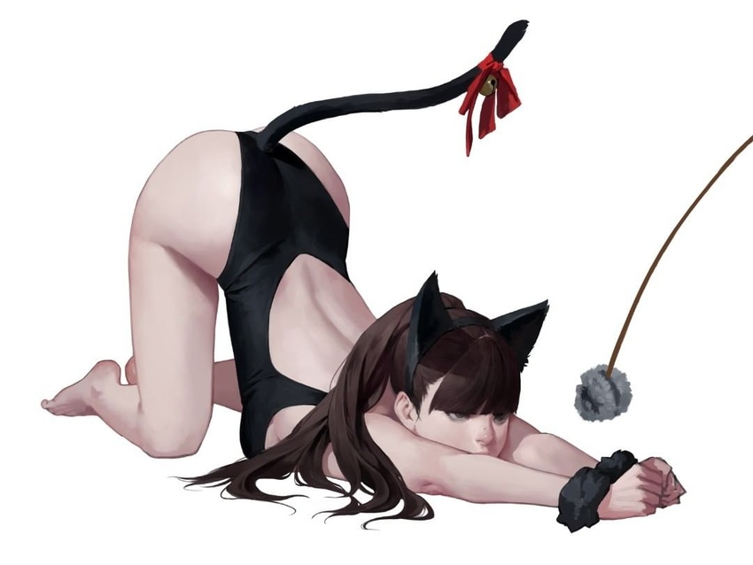 animal_ears ass back back_cutout bad_id bad_instagram_id bare_hips bare_legs bare_shoulders barefoot bell black_eyes black_hair black_hairband black_scrunchie blunt_bangs breast_press breasts cat_ears cat_tail cat_teaser clenched_hands clothing_cutout dongho_kang fake_animal_ears fake_tail female from_side full_body hairband high_ponytail highleg highleg_leotard jingle_bell leotard long_hair looking_away looking_to_the_side medium_breasts mole mole_on_nose original outstretched_arms own_hands_together ponytail red_ribbon ribbon scrunchie sideboob simple_background solo tail tail_bell tail_ornament tail_ribbon top-down_bottom-up v_arms white_background wrist_scrunchie