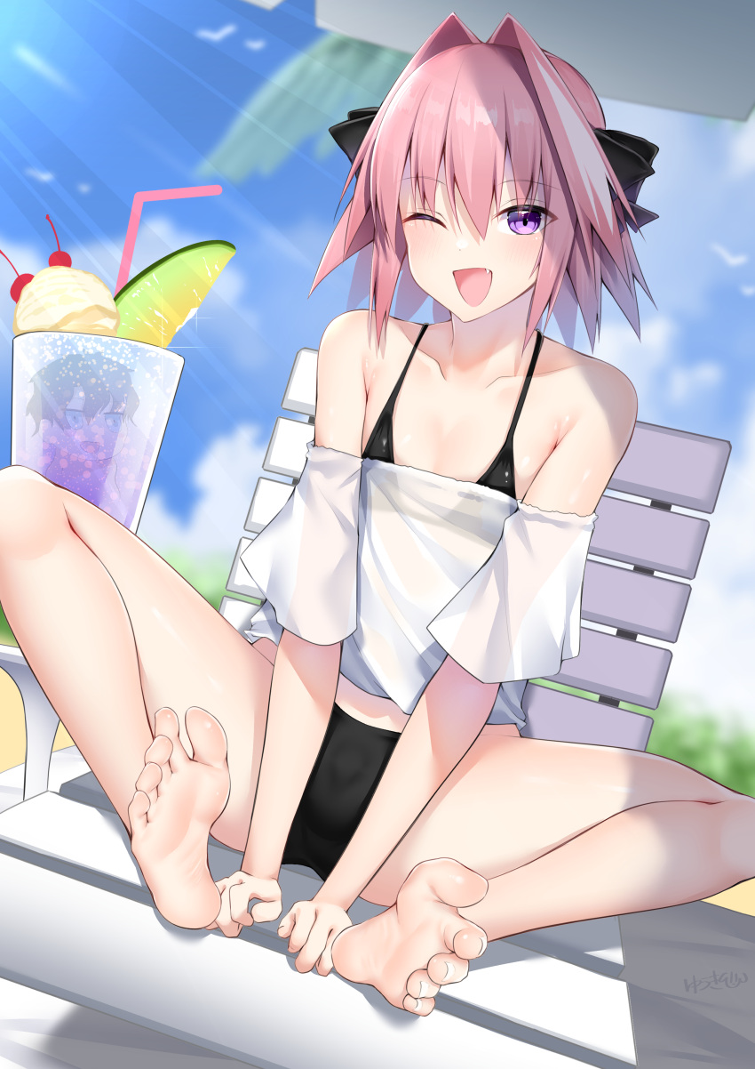 1boy ;d absurdres astolfo_(fate) bare_legs bare_shoulders barefoot beach beach_chair bikini black_bikini black_ribbon bow bulge butterfly_sitting cherry commentary_request day drinking_straw fate/grand_order fate_(series) feet food fruit hairbow happy highres ice_cream kitajima_yuuki legs looking_at_viewer male_focus melon melon_slice multicolored_hair oerba_yun_fang off-shoulder_shirt off_shoulder one_eye_closed open_mouth otoko_no_ko outdoors pink_hair purple_eyes ribbon sand shirt sitting skin_fang smile soles solo spread_toes streaked_hair swimsuit toe_scrunch toenails toes two-tone_hair white_hair